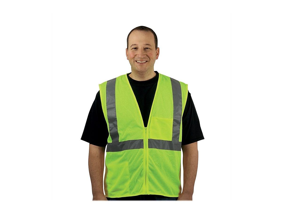 Protective Industrial Products High Visibility Zipper Safety Vest, ANSI Class R2, Lime Yellow, Large