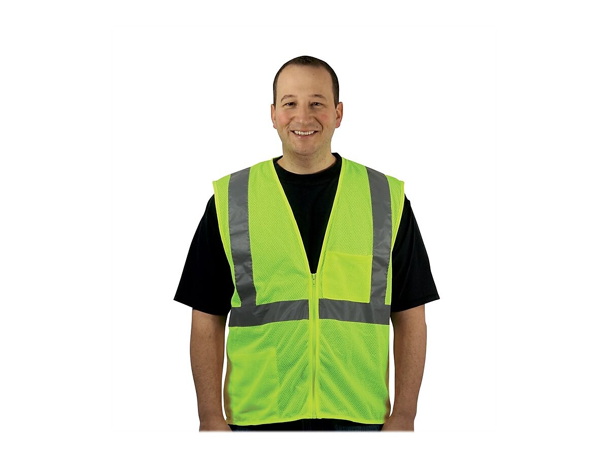 Protective Industrial Products High Visibility Zipper Safety Vest, ANSI Class R2, Lime Yellow, Large