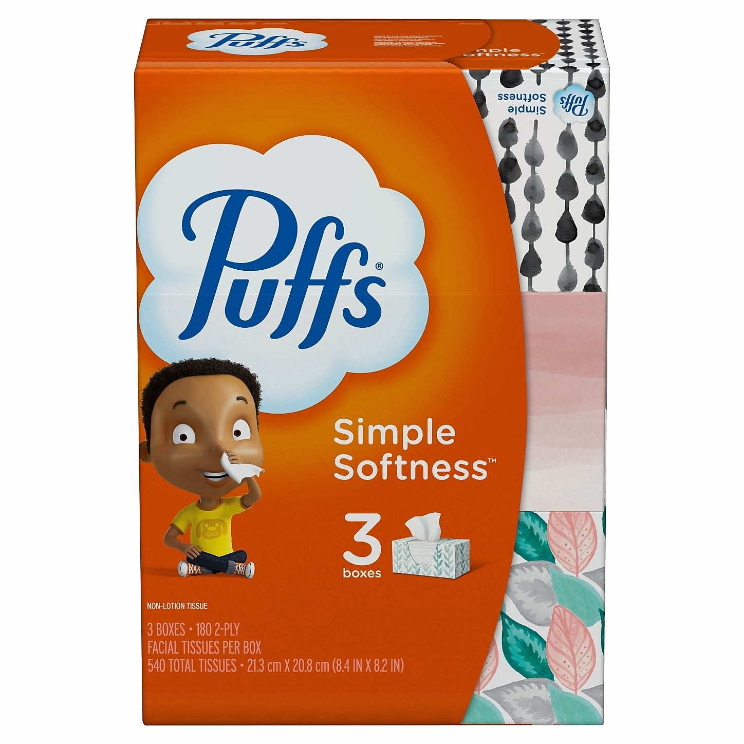 Puffs Basic Facial Tissue, 2-ply, 180 Tissues/Box, 3 Boxes/Pack