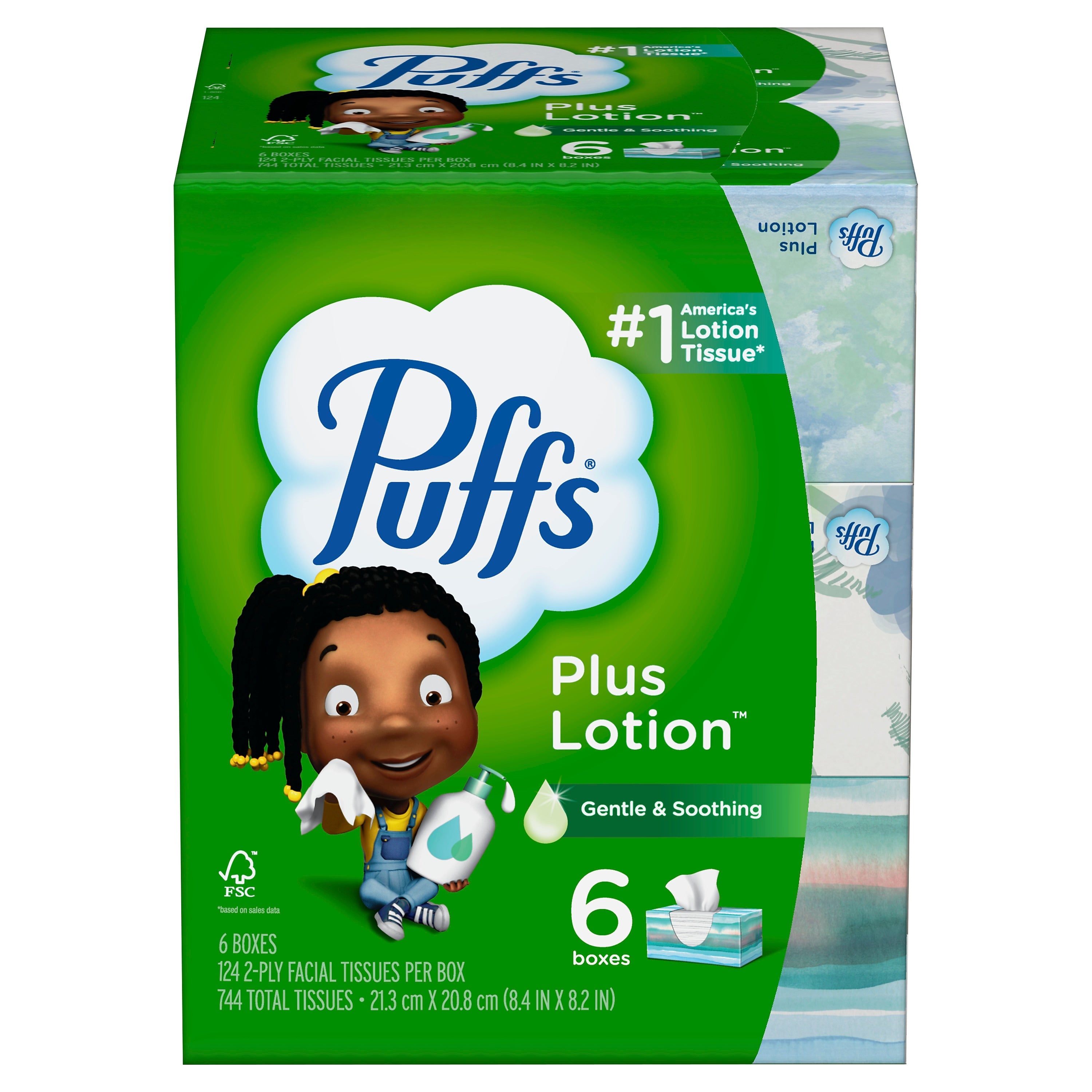 Puffs Plus Lotion Facial Tissue, 2-ply, 124 Tissues/Box, 6 Boxes/Pack