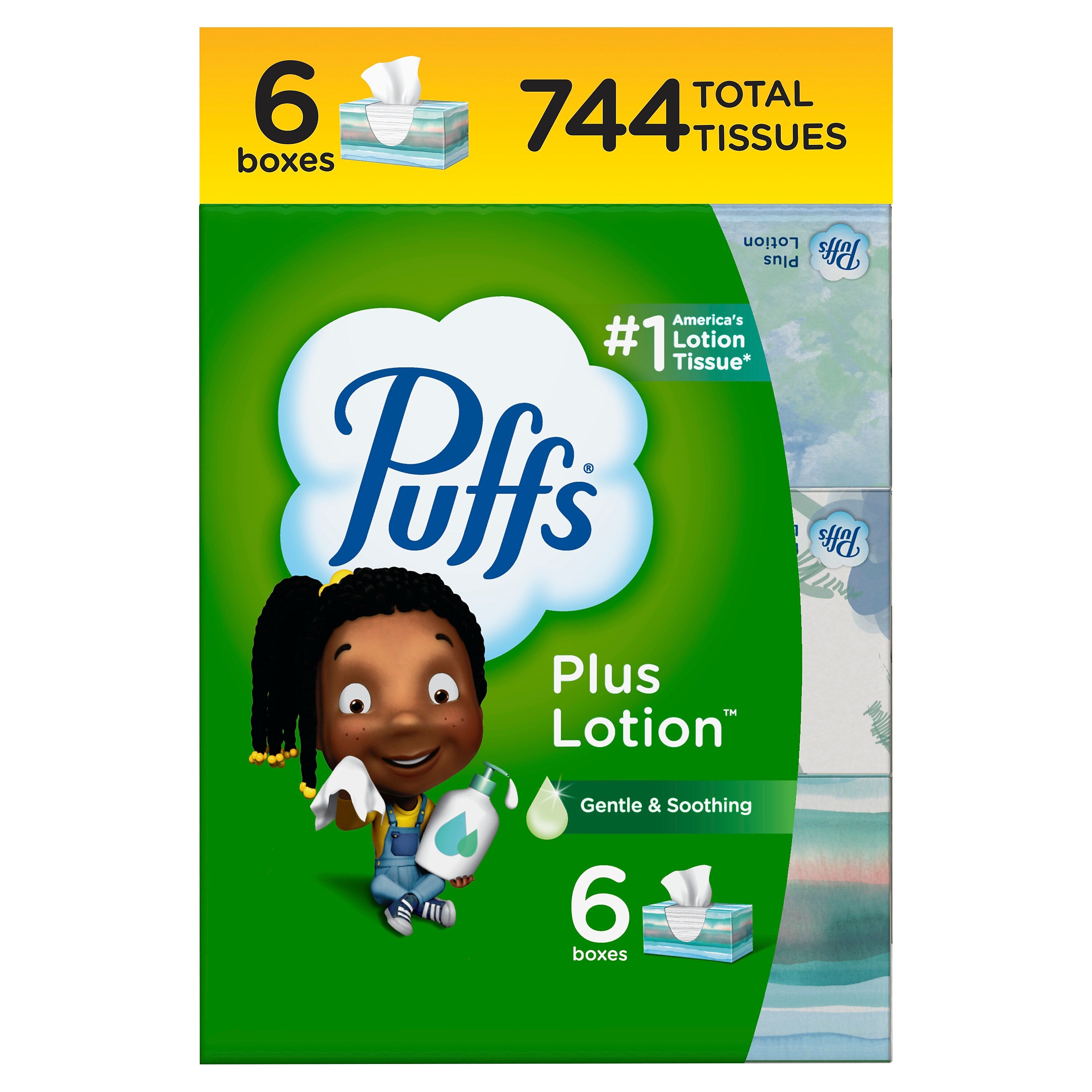 Puffs Plus Lotion Facial Tissue, 2-ply, 124 Tissues/Box, 6 Boxes/Pack