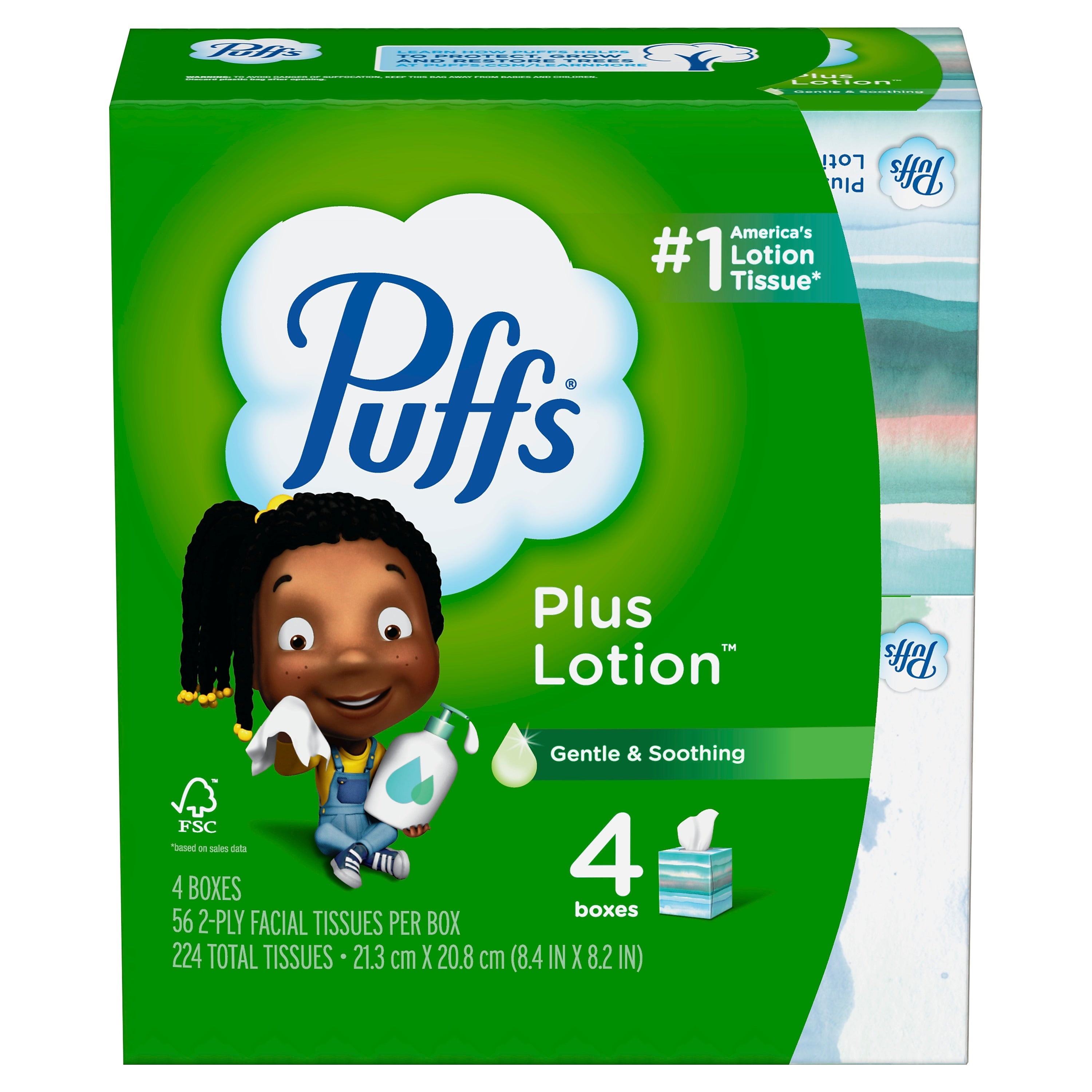 Puffs Plus Lotion Facial Tissue, 2-ply, 56 Tissues/Box, 4 Boxes/Pack