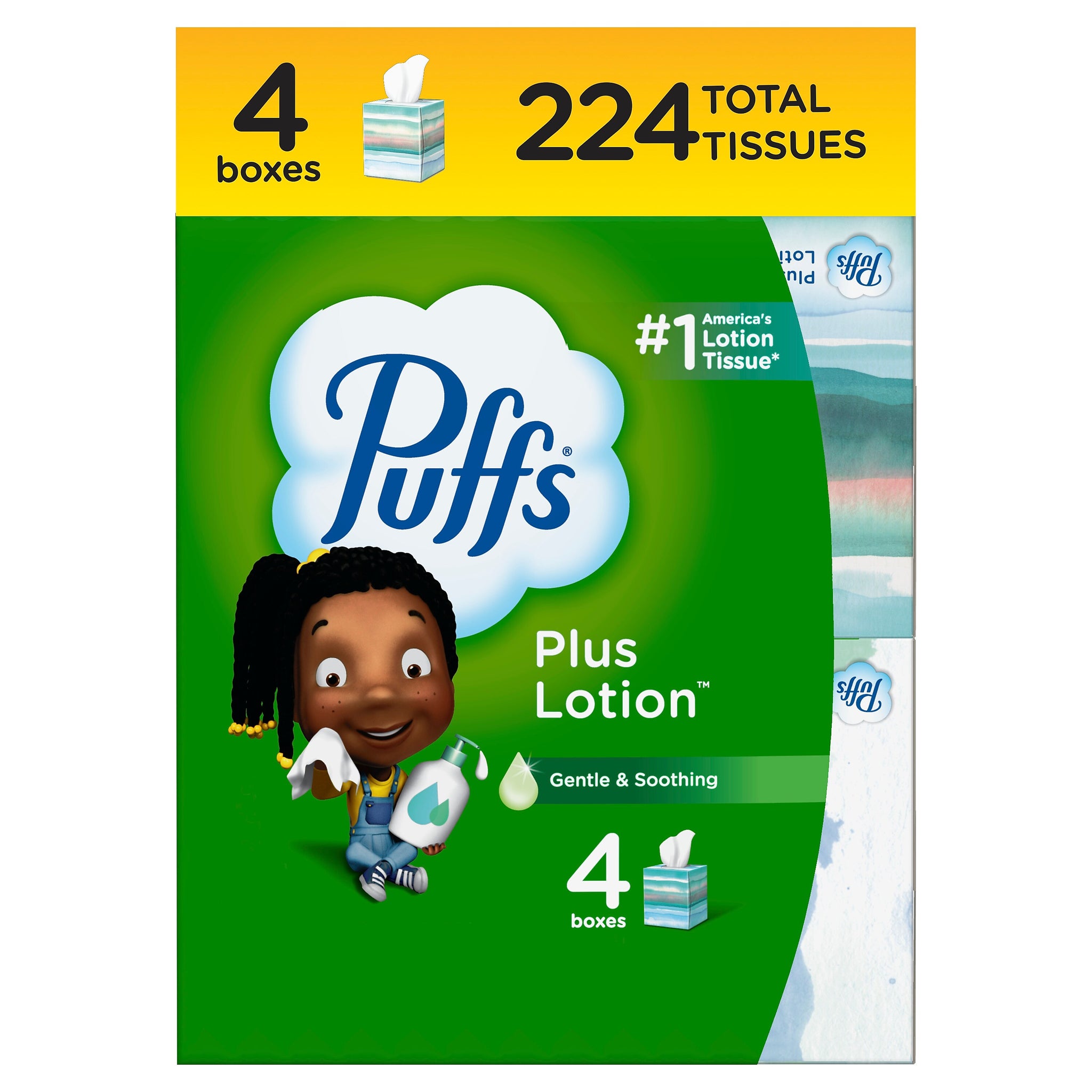 Puffs Plus Lotion Facial Tissue, 2-ply, 56 Tissues/Box, 4 Boxes/Pack