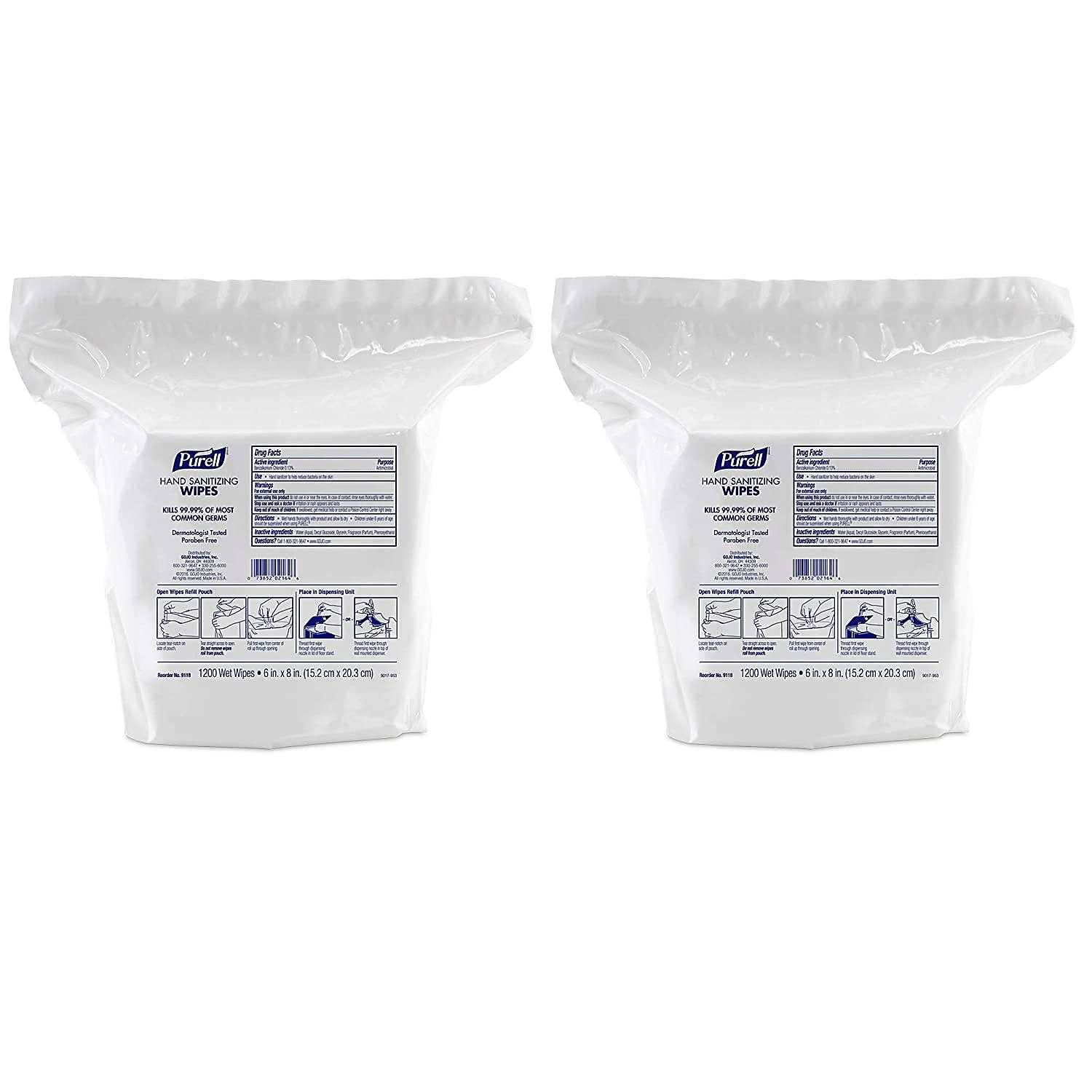 PURELL Hand Sanitizing Wipes Refill for PURELL High Capacity Wall and Floor Stand Wipes Dispenser, 1200/Wipes, 2/Pack
