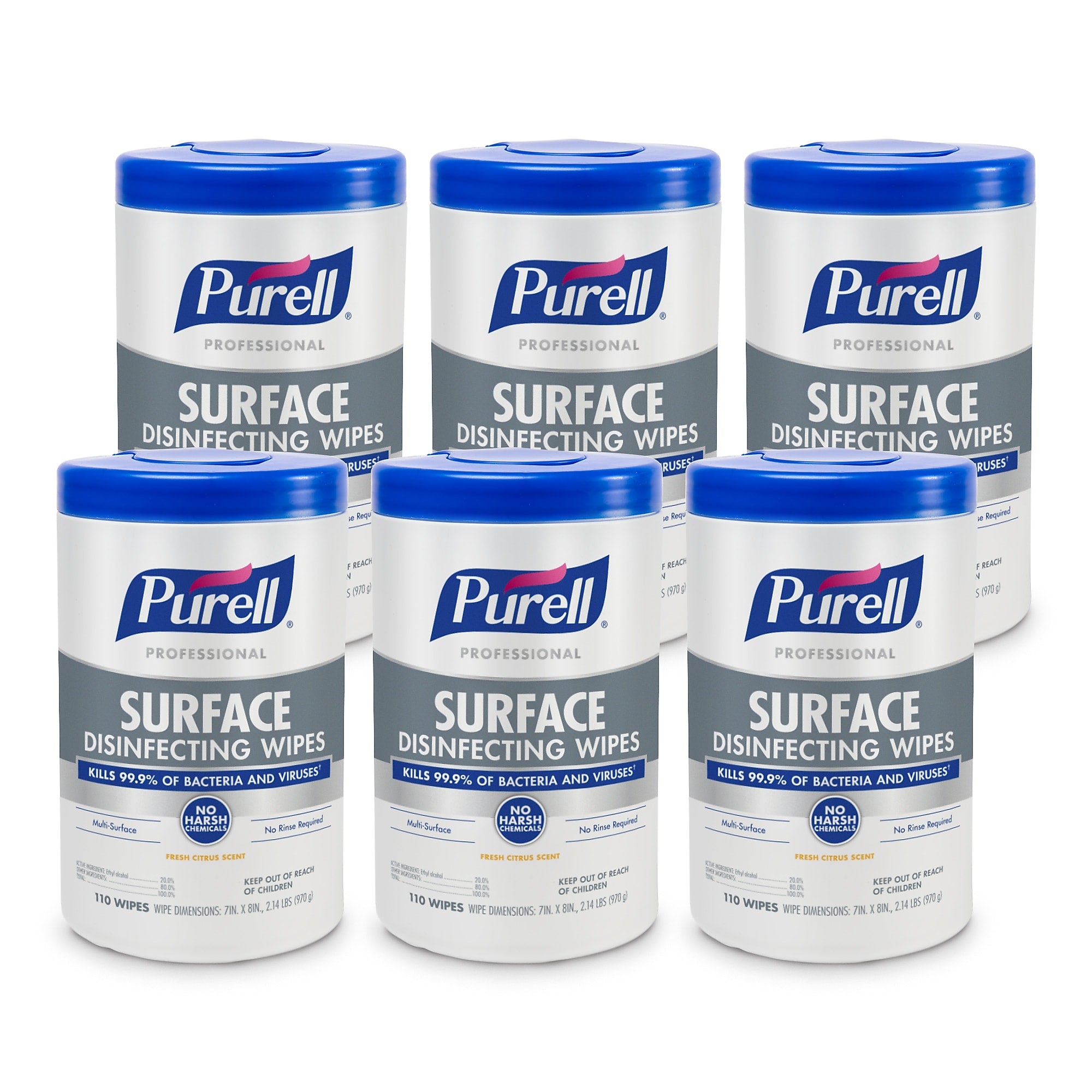 PURELL Professional Disinfecting Wipes, Fresh Citrus Scent, 110 Wipes/Container, 6/Carton