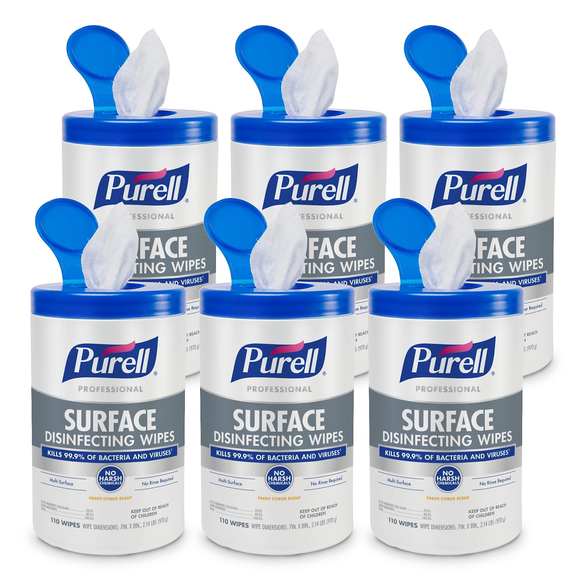 PURELL Professional Disinfecting Wipes, Fresh Citrus Scent, 110 Wipes/Container, 6/Carton