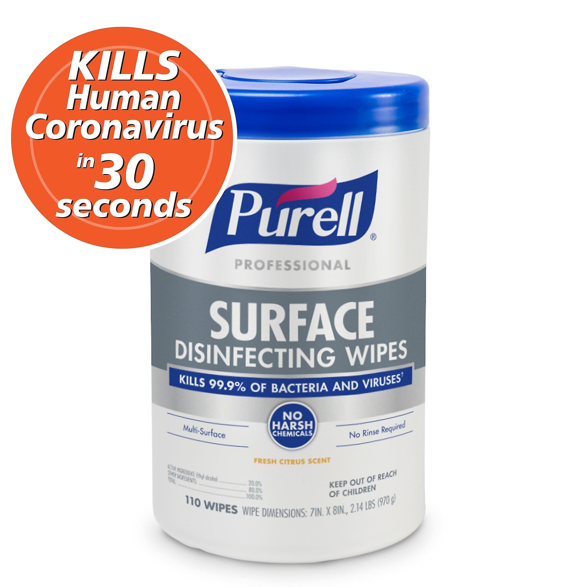 PURELL Professional Disinfecting Wipes, Fresh Citrus Scent, 110 Wipes/Container, 6/Carton