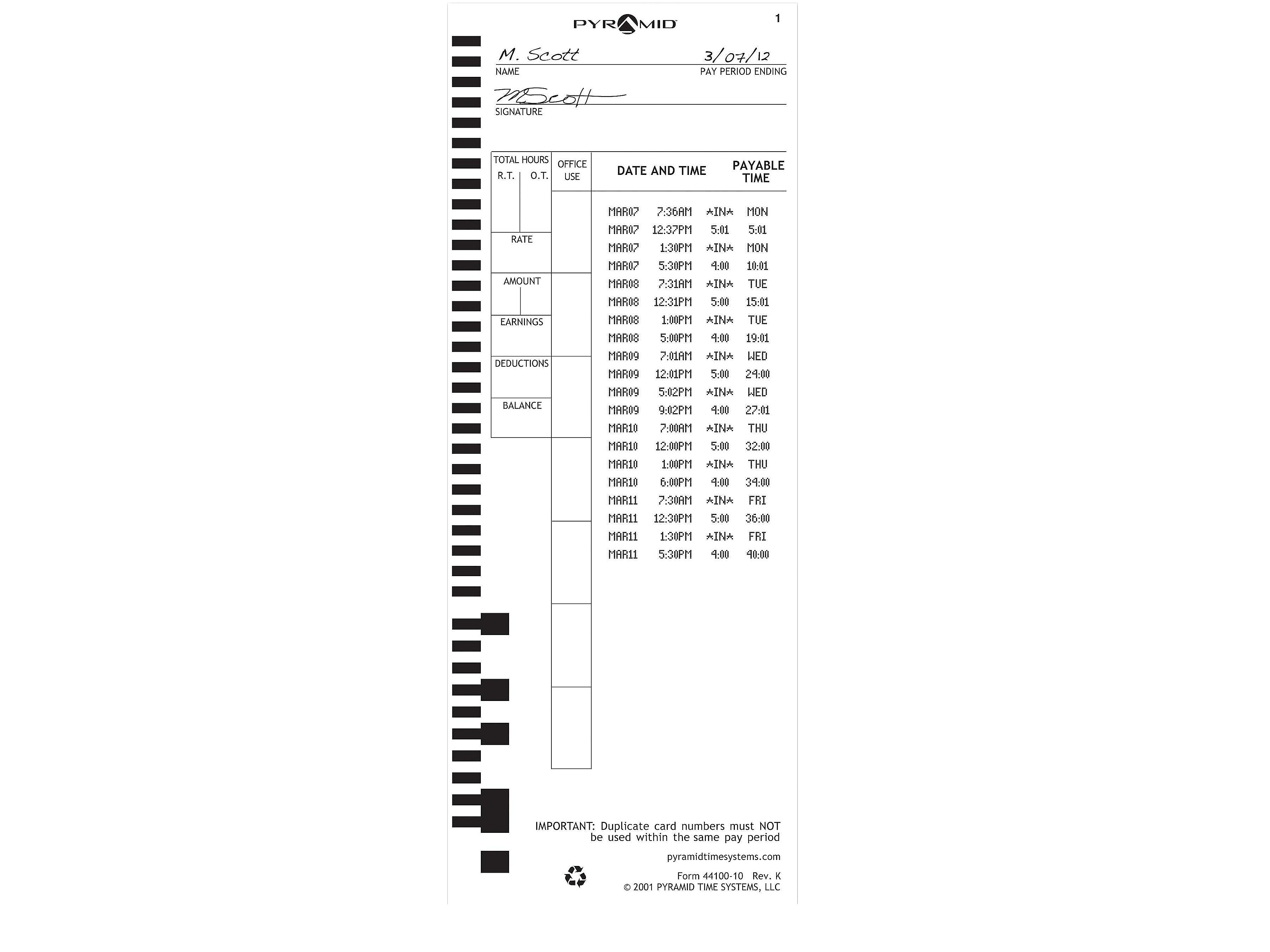 Pyramid Auto Calculating Punch Card Time Clock System, Black