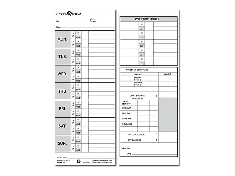 Pyramid Time Cards 1000/2000 Time Clock, 100/Pack