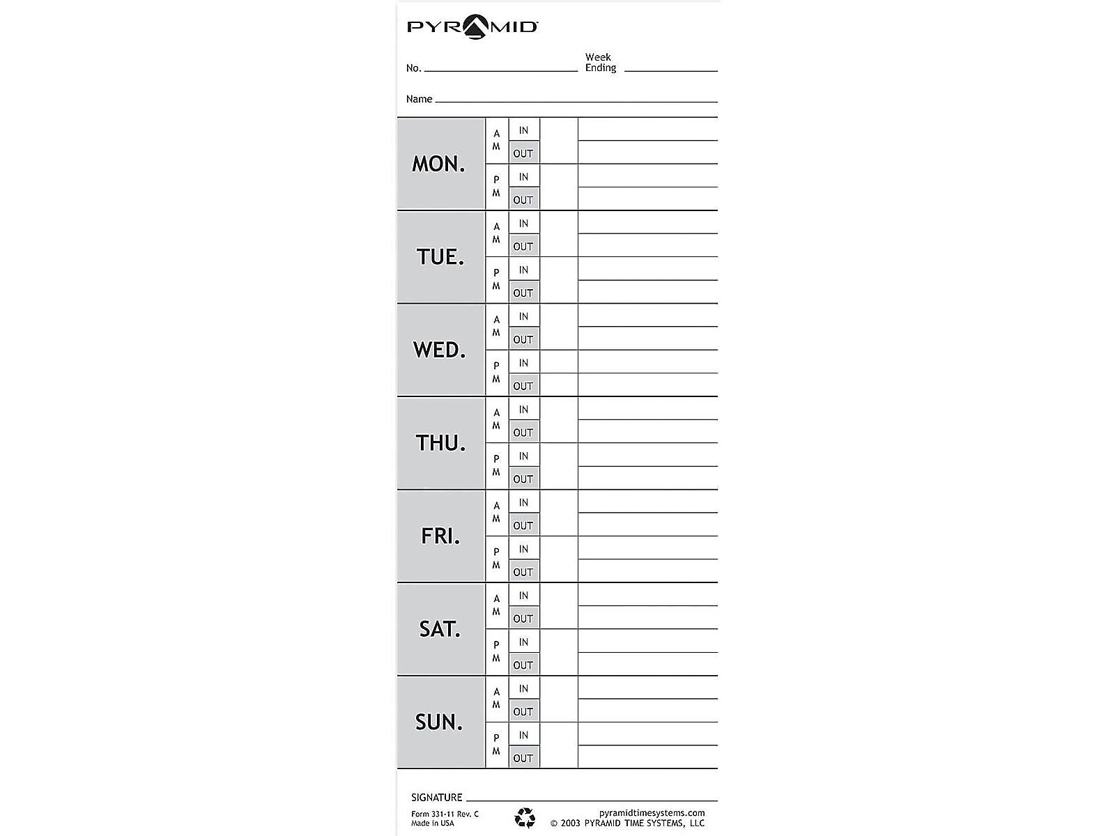 Pyramid Time Cards 1000/2000 Time Clock, 100/Pack