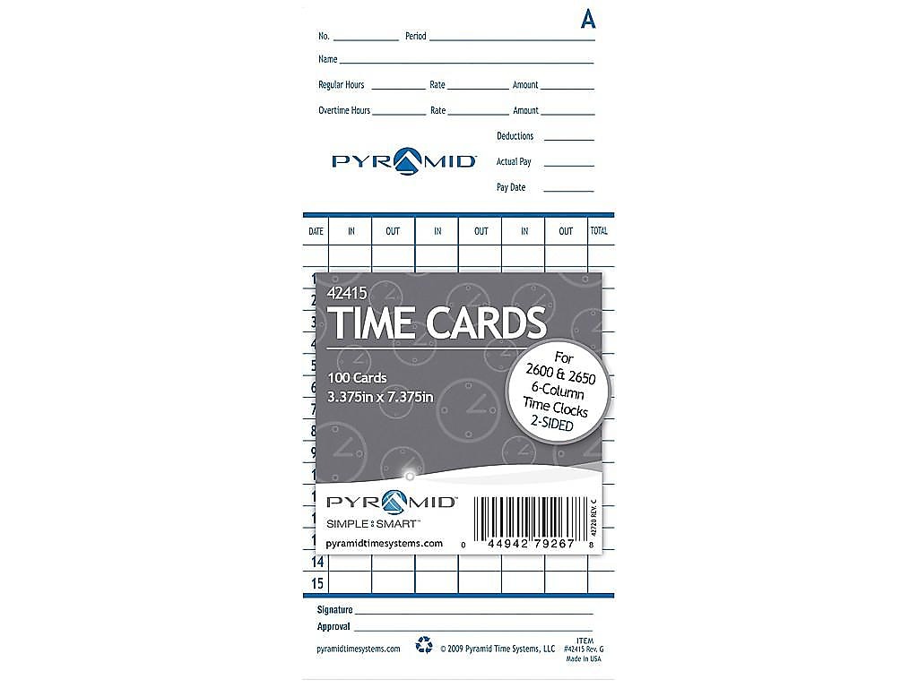 Pyramid Time Cards for 2600, 2650, 2650Pro, 6200 and 6400 Time Clocks, 100/Pack