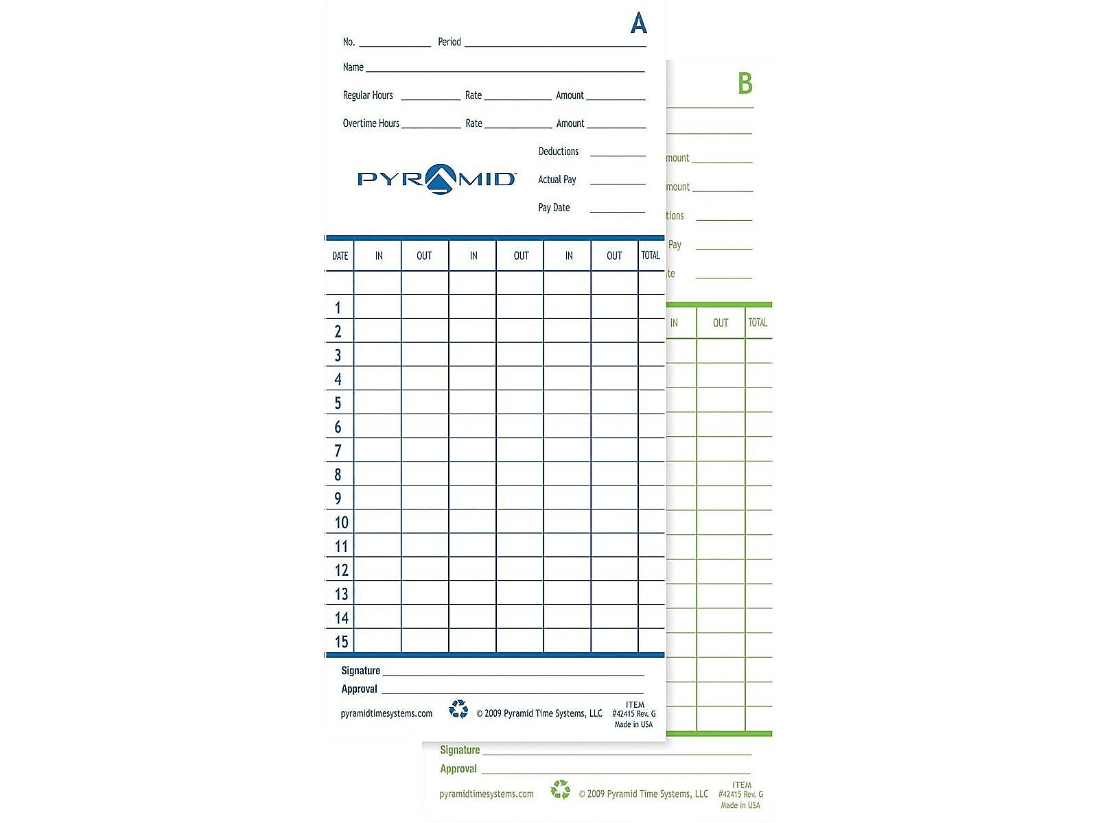 Pyramid Time Cards for 2600, 2650, 2650Pro, 6200 and 6400 Time Clocks, 100/Pack