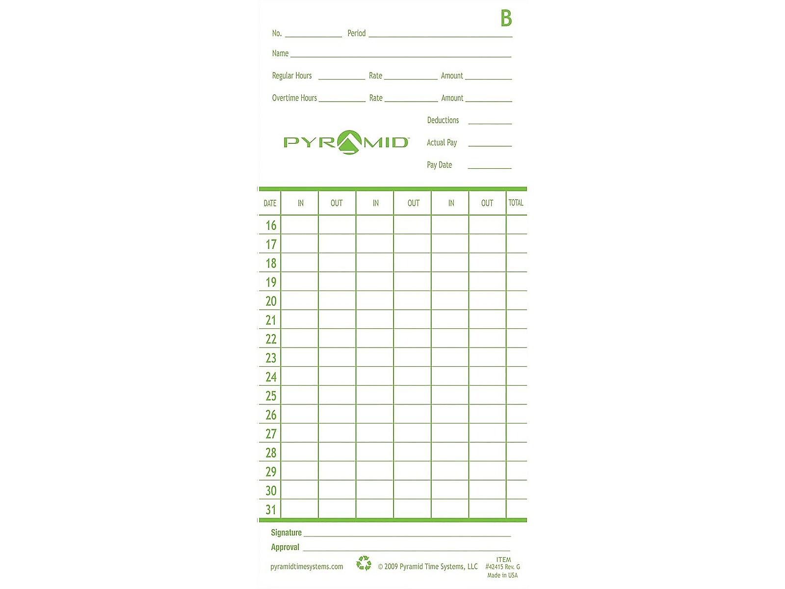 Pyramid Time Cards for 2600, 2650, 2650Pro, 6200 and 6400 Time Clocks, 100/Pack