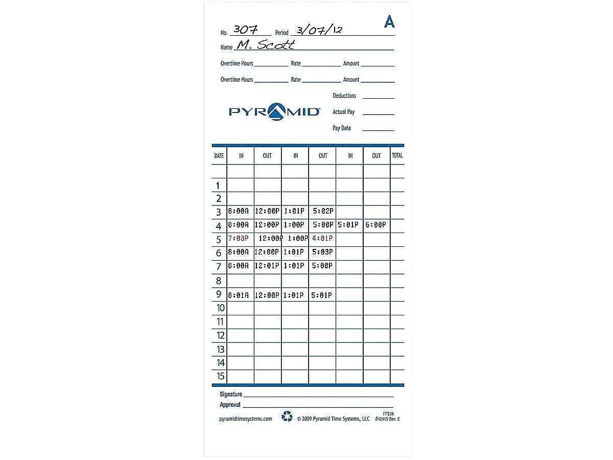 Pyramid Time Cards for 2600, 2650, 2650Pro, 6200 and 6400 Time Clocks, 100/Pack