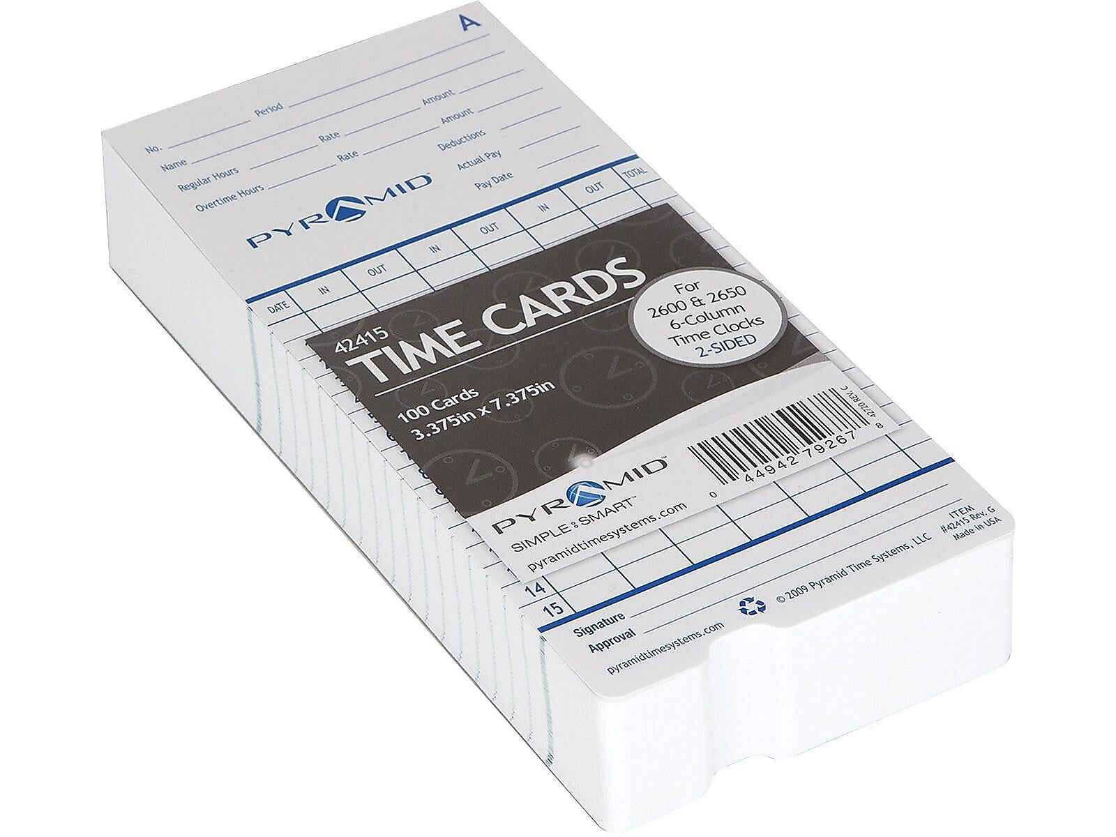Pyramid Time Cards for 2600, 2650, 2650Pro, 6200 and 6400 Time Clocks, 100/Pack