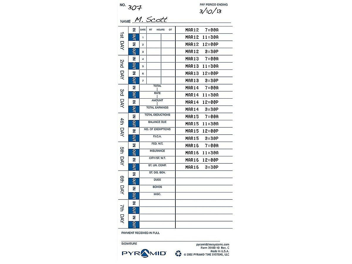 Pyramid Time Cards for 3000HD, 3500, 3550SS, 3600SS, 3700 Time Clocks, 100/Pack