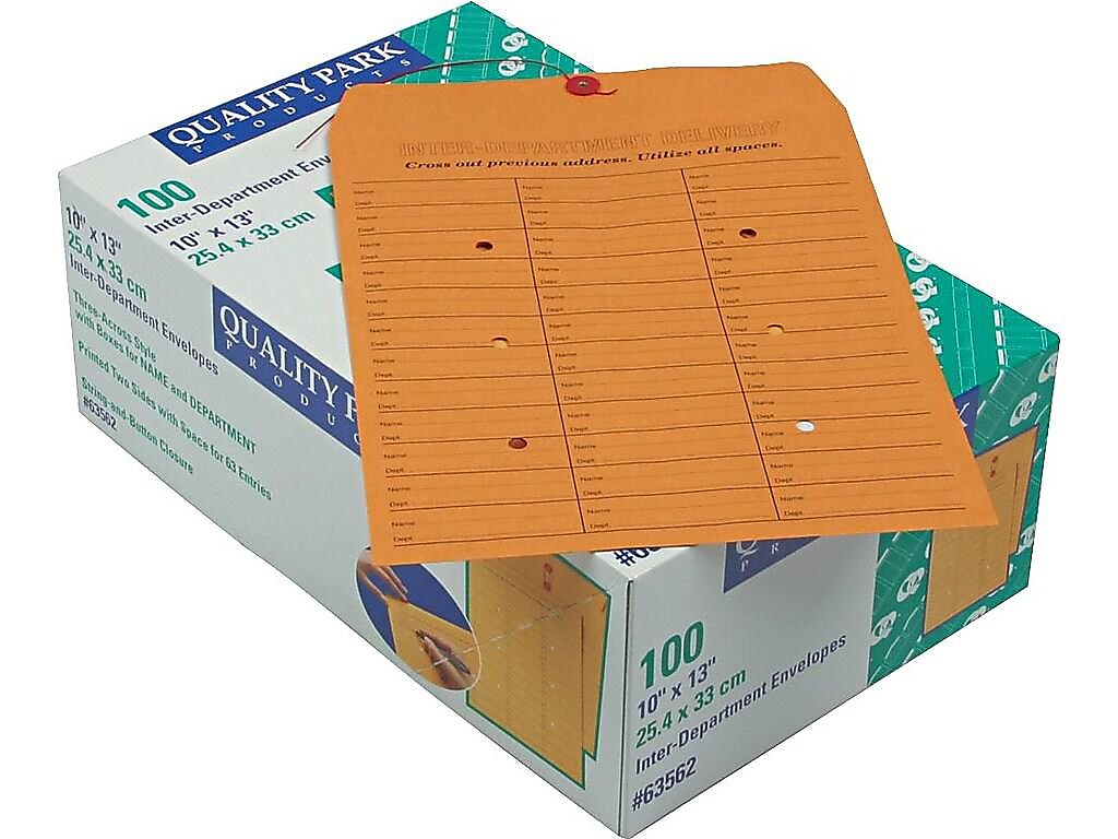 Quality Park Button & String Inter-Departmental Envelopes, 10" x 13", Brown, 100/Box