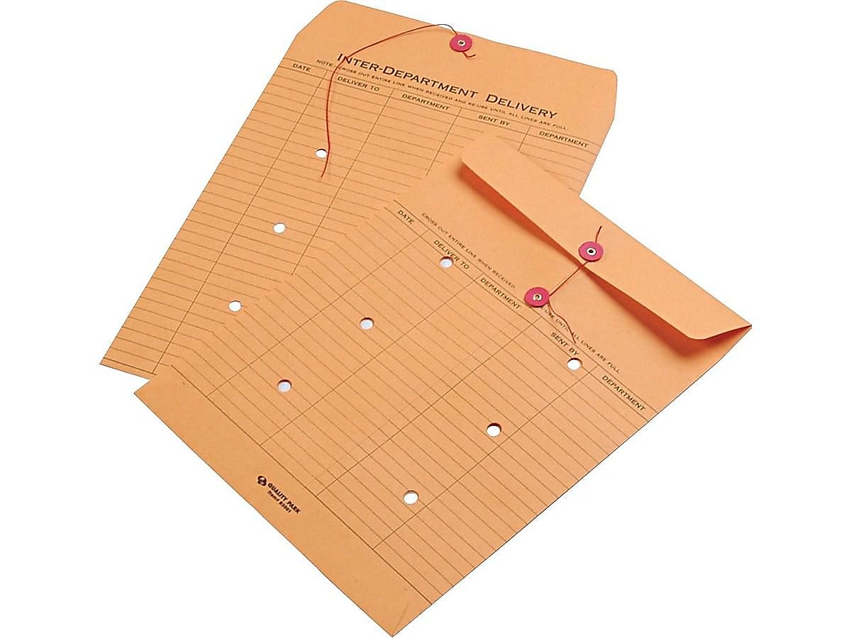 Quality Park Button & String Inter-Departmental Envelopes, 10" x 13", Brown Kraft, 100/Box