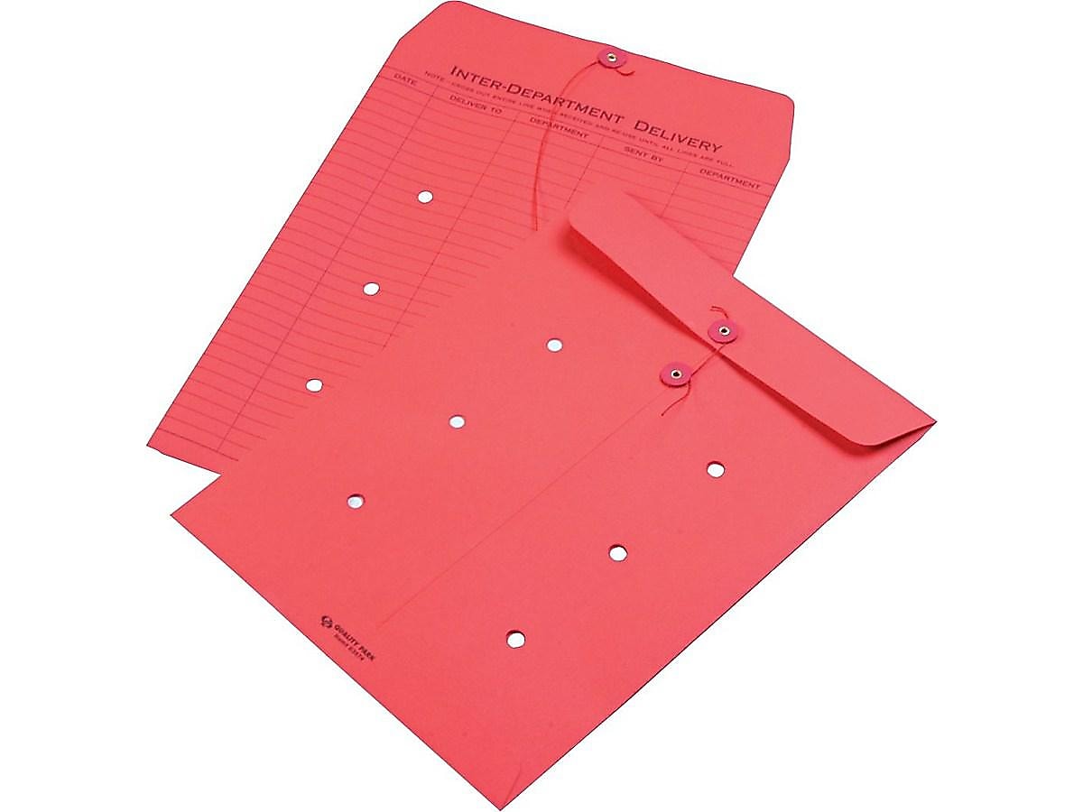 Quality Park Button & String Inter-Departmental Envelopes, 10" x 13", Red, 100/Box