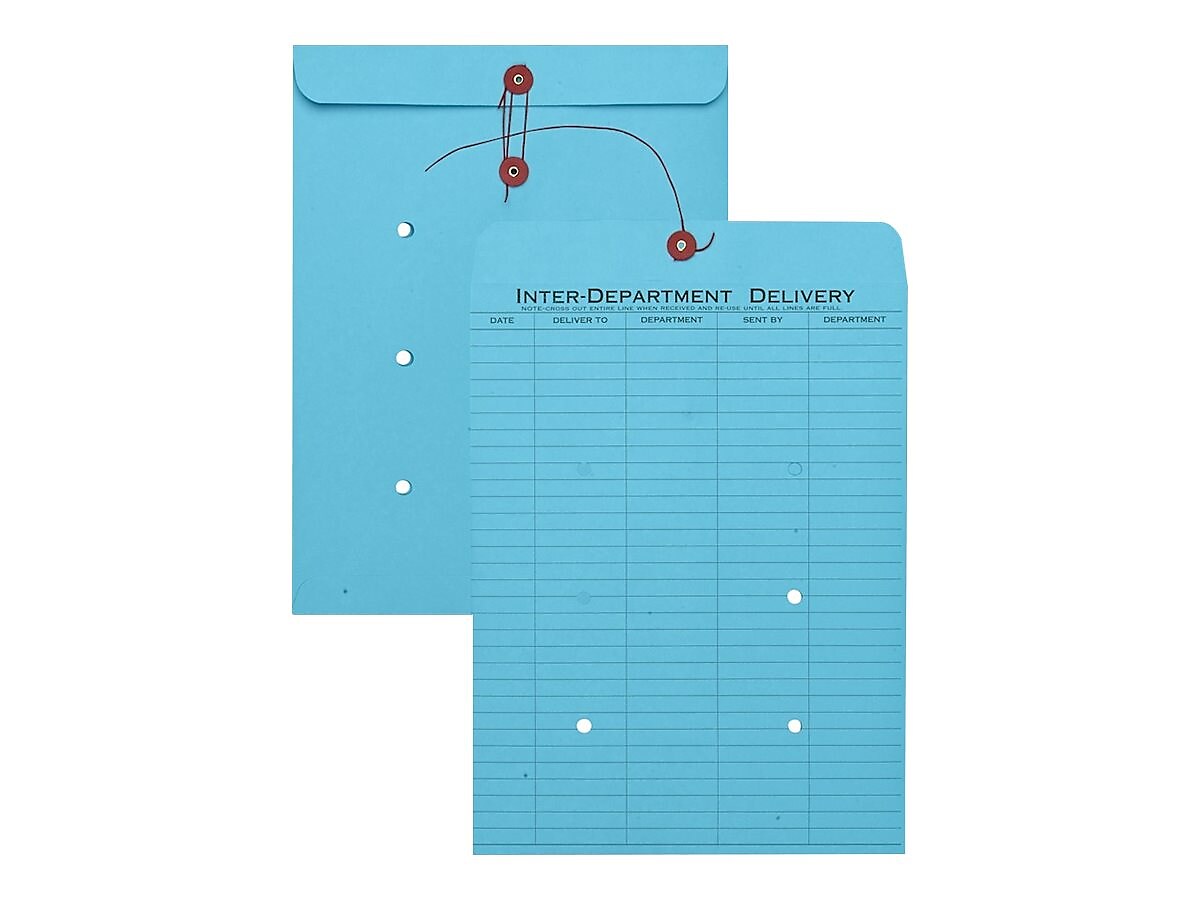 Quality Park Button & String Inter-Departmental Kraft Envelopes, 10" x 13", Blue, 100/Carton