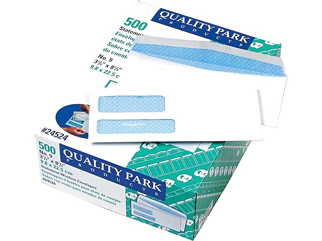 Quality Park Gummed Security Tinted #9 Double Window Envelopes, 3 7/8