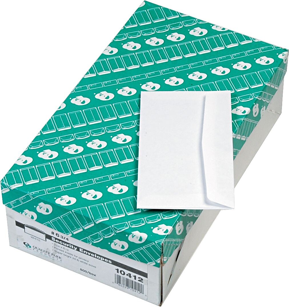 Quality Park Gummed Security Tinted Business Envelopes, 3 5/8" x 6 1/2", White, 500/Bx