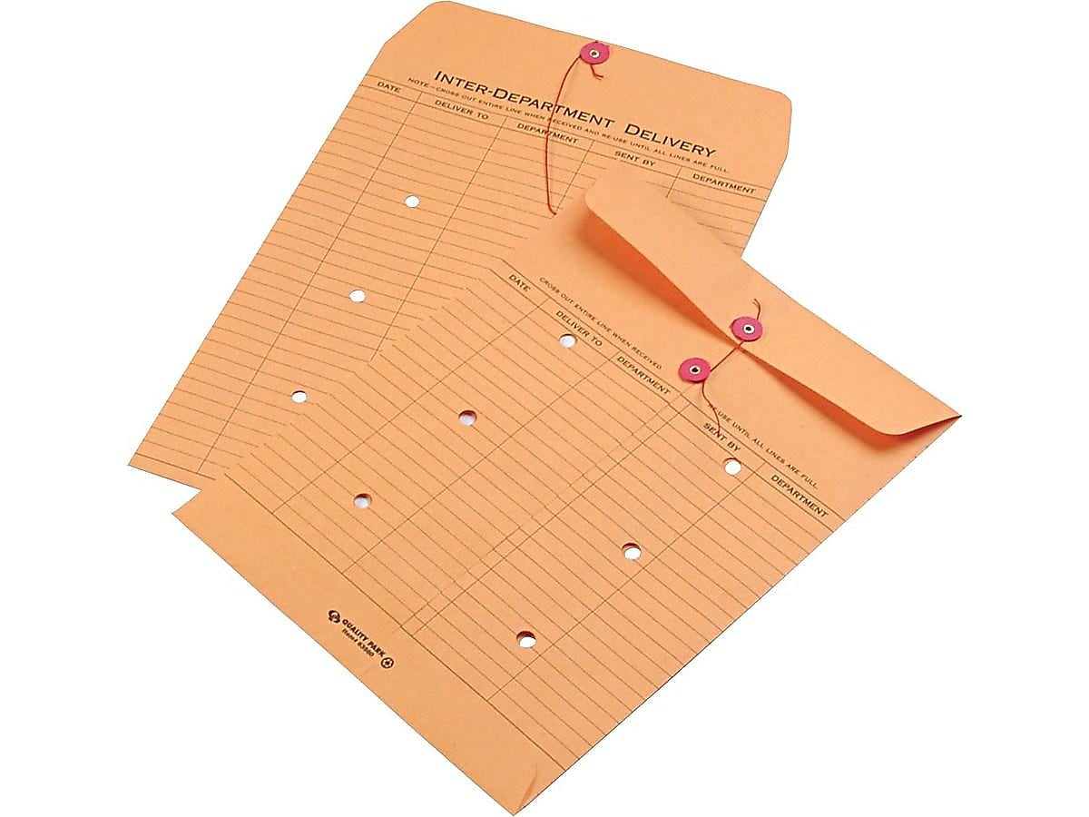 Quality Park Kraft Button & String Inter-Departmental Envelope 10" x 13", Brown, 100/Box