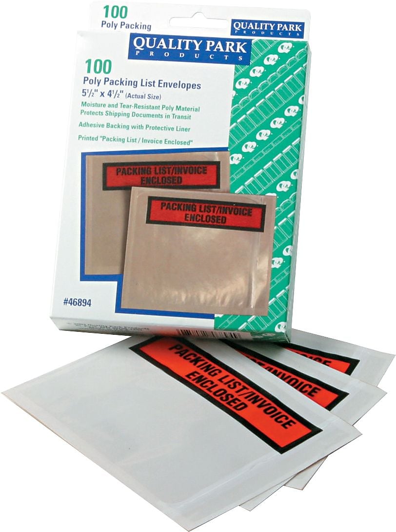 Quality Park Panel Face Self-Adhesive "Packing List/Invoice Enclosed" Envelopes, Orange/Clear, 5 1/2"H x 4 1/2"W, 100/Bx