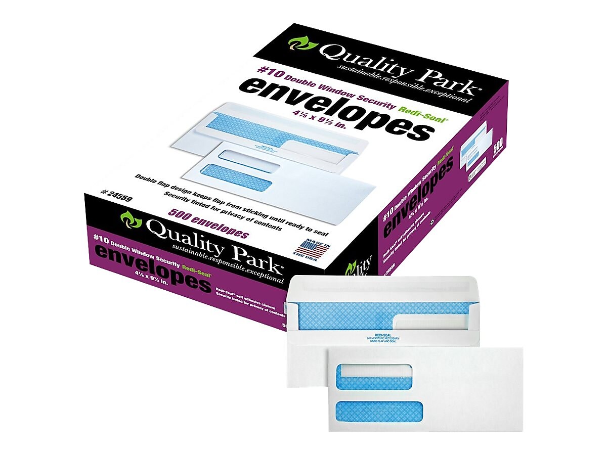 Quality Park Redi-Seal Security Tinted #10 Double Window Envelopes, 4 1/8" x 9 1/2", White, 500/Box