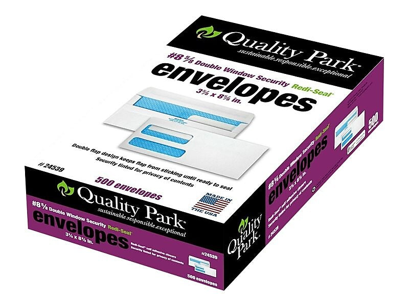 Quality Park Redi-Seal Security Tinted #8 5/8 Double Window Envelopes, 3-5/8