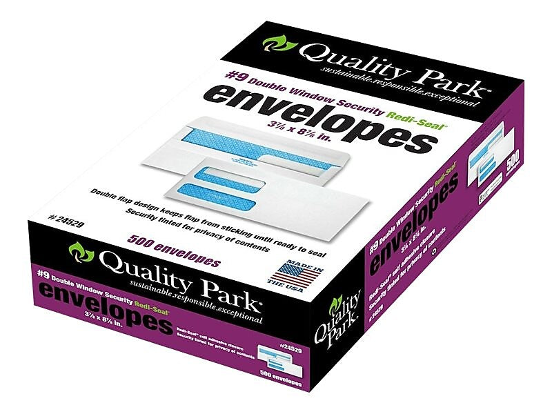 Quality Park Redi-Seal Security Tinted #9 Double Window Envelopes, 3 7/8" x 8 7/8", White Wove, 500/Box