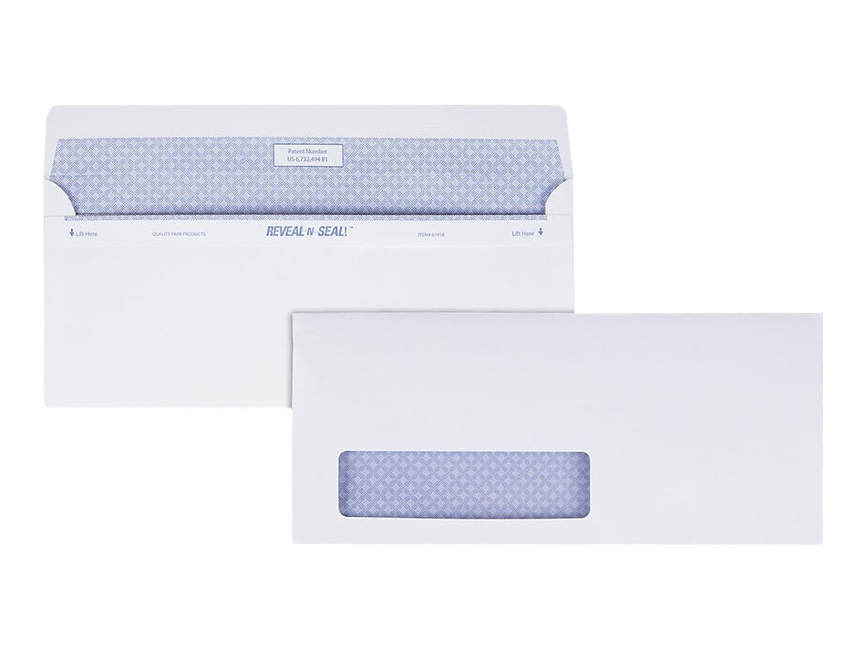 Quality Park Reveal-N-Seal Security Tinted #10 Window Envelope, 4 1/8" x 9 1/2", White Wove, 500/Box