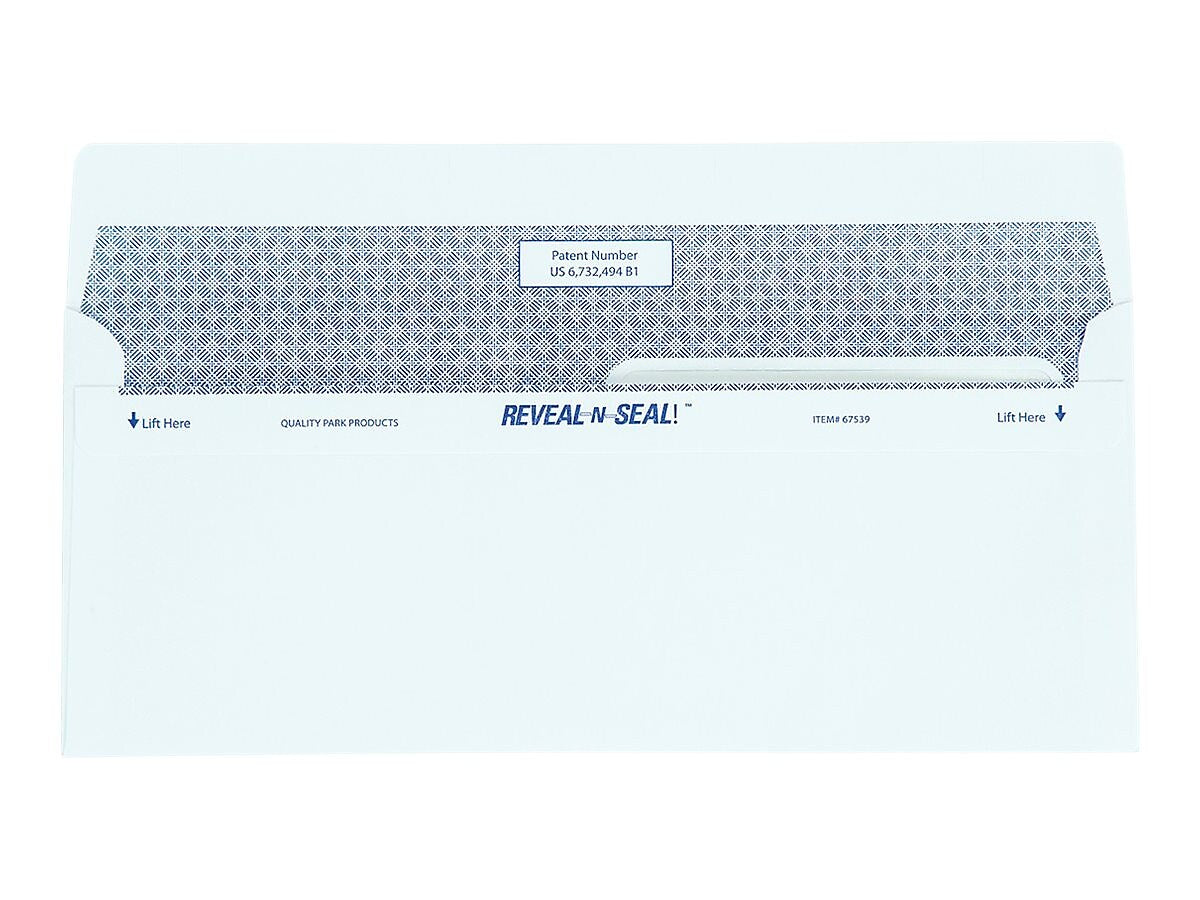 Quality Park Reveal-N-Seal Security Tinted #8 Business Envelopes, 3 5/8" x 8 5/8", White Wove, 500/Box