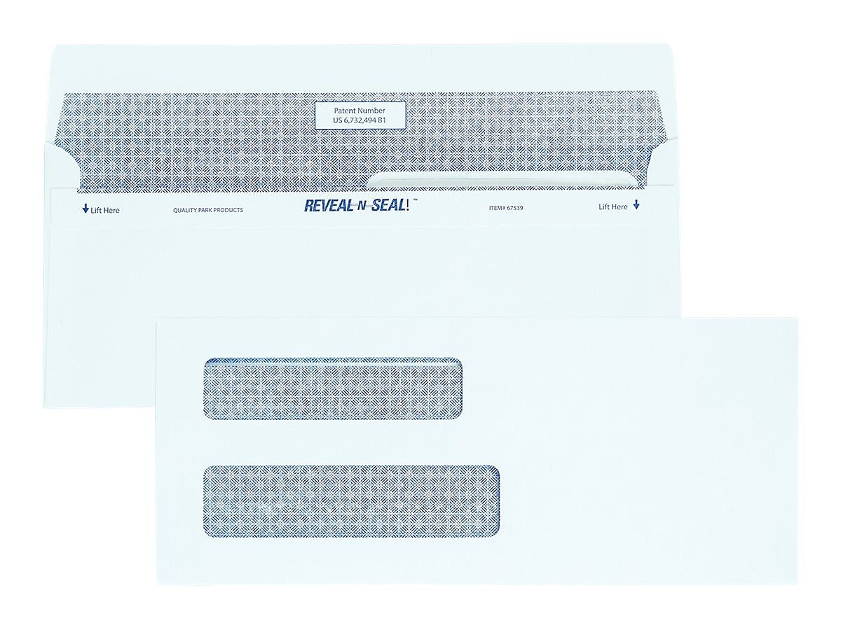 Quality Park Reveal-N-Seal Security Tinted #8 Business Envelopes, 3 5/8" x 8 5/8", White Wove, 500/Box