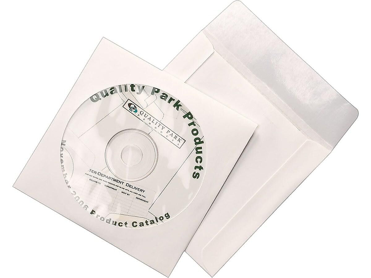 Quality Park Tech-No-Tear Sleeves for CD/DVD, White Paper, 100/Box