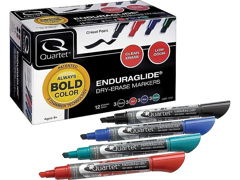 Quartet EnduraGlide Dry Erase Markers, Chisel Tip, Assorted, 12/Pack