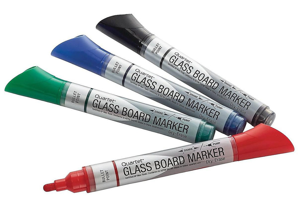 Quartet Glass Board Dry Erase Markers, Bullet Tip, Assorted, 4/Pack