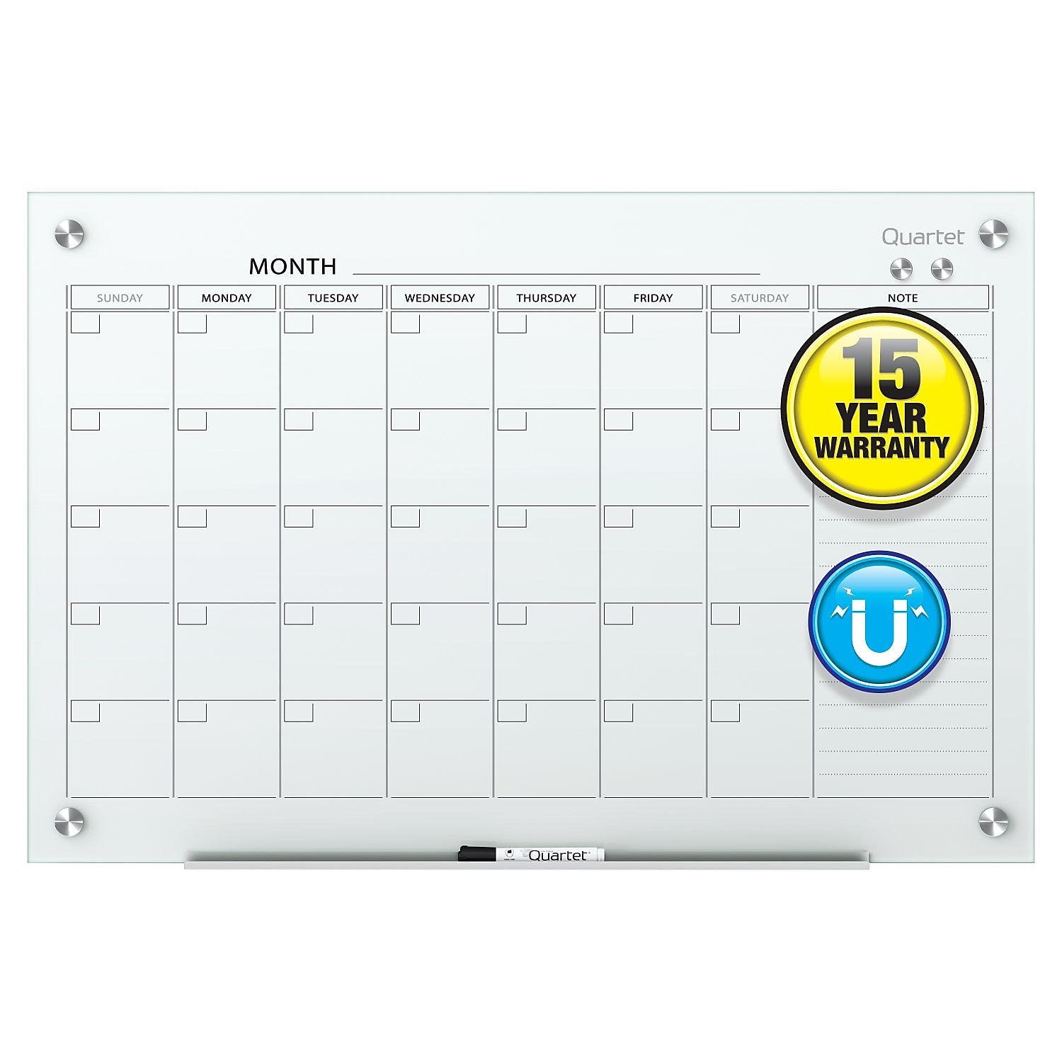 Quartet Infinity Magnetic Glass Calendar Dry-Erase Whiteboard, 3' x 2'