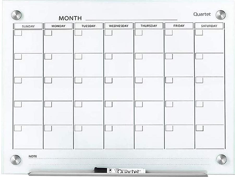 Quartet Infinity Magnetic Glass Calendar Dry-Erase Whiteboard, Frameless, 2' x 1.5'