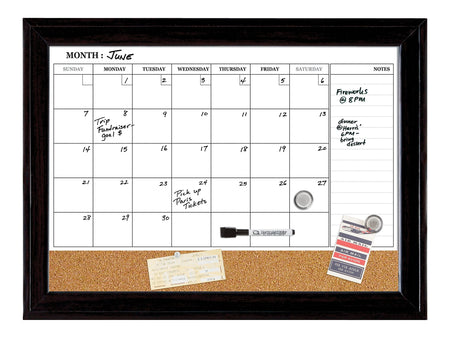 Quartet Magnetic Cork & Dry Erase Calendar Whiteboard, Espresso Frame, 2' x 1.5'