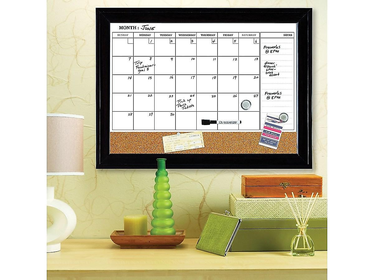 Quartet Magnetic Cork & Dry Erase Calendar Whiteboard, Espresso Frame, 2' x 1.5'