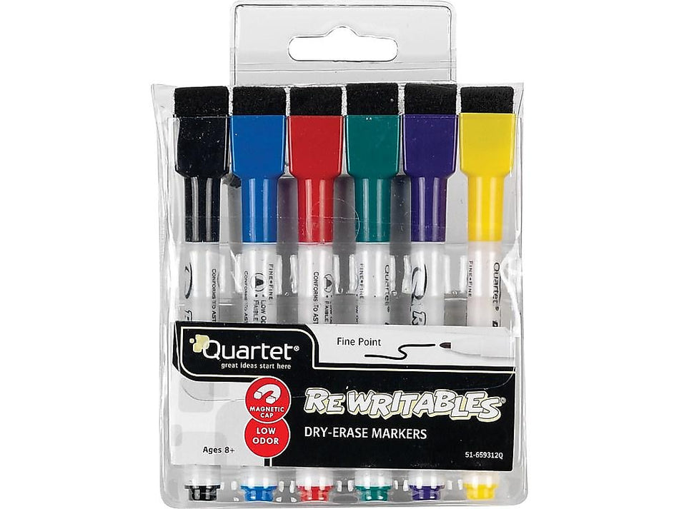 Quartet ReWritables Mini Dry Erase Markers, Fine Tip, Assorted, 6/Pack