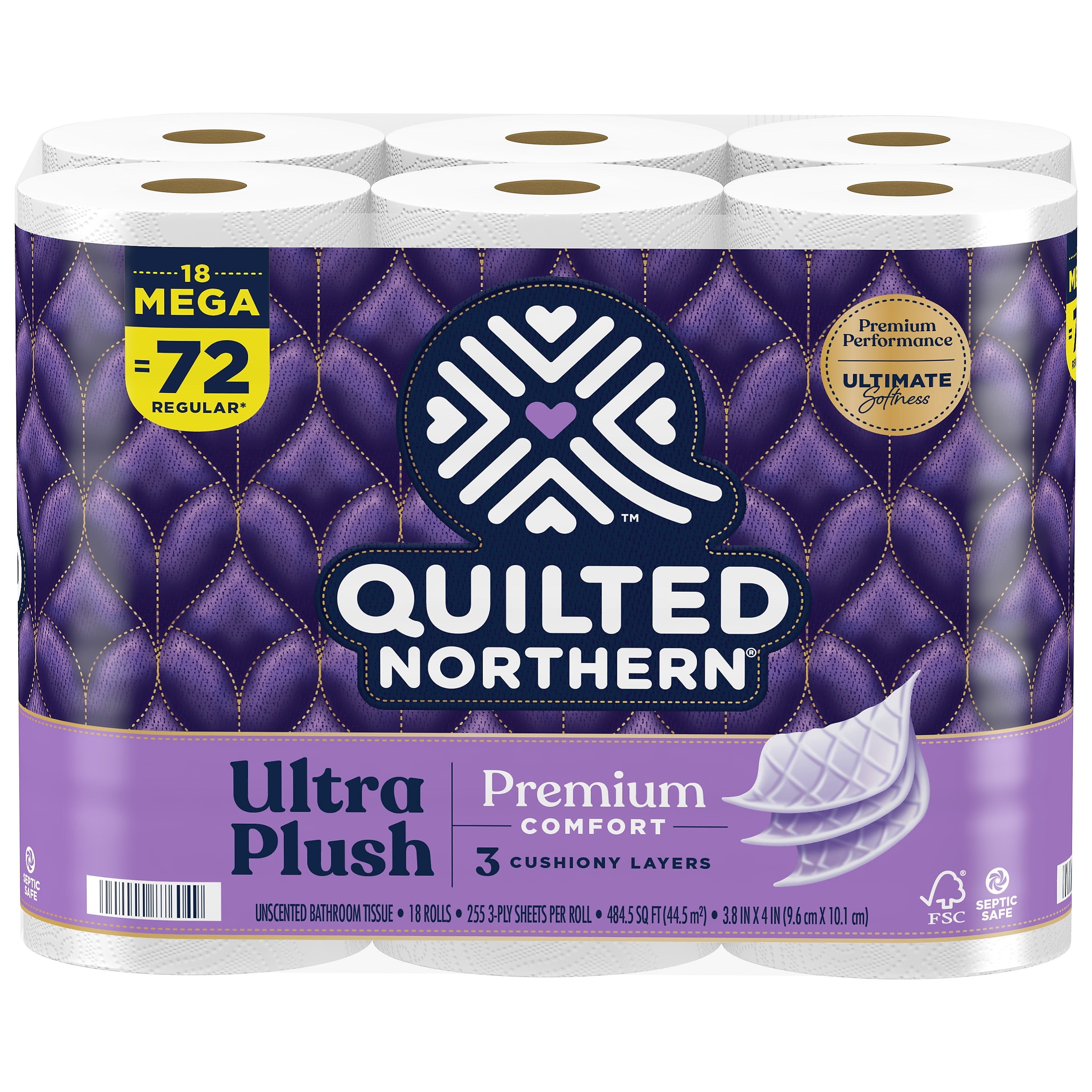 Quilted Northern Ultra Plush 3-Ply Standard Toilet Paper, White, 255 Sheets/Roll, 18 Rolls/Case