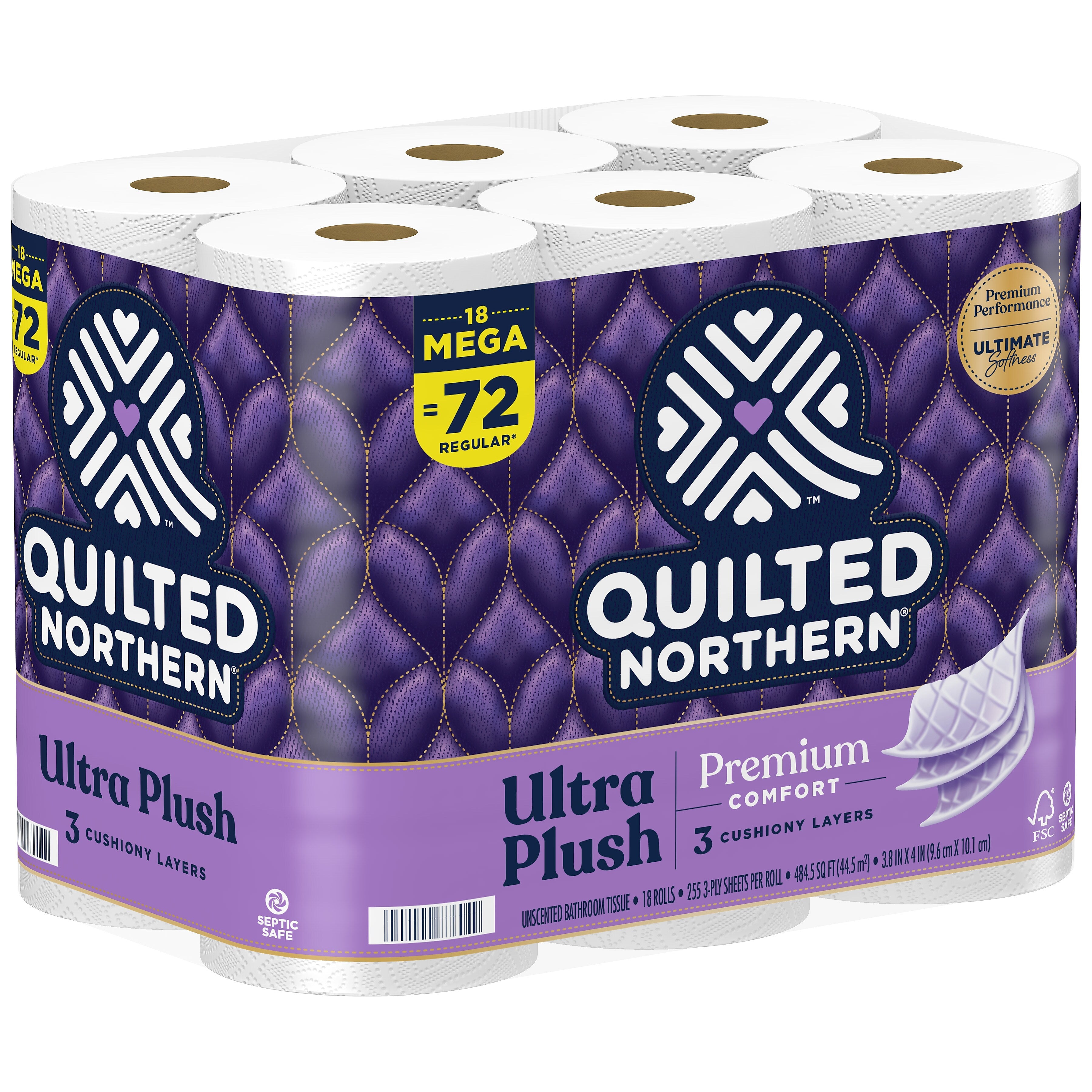 Quilted Northern Ultra Plush 3-Ply Standard Toilet Paper, White, 255 Sheets/Roll, 18 Rolls/Case