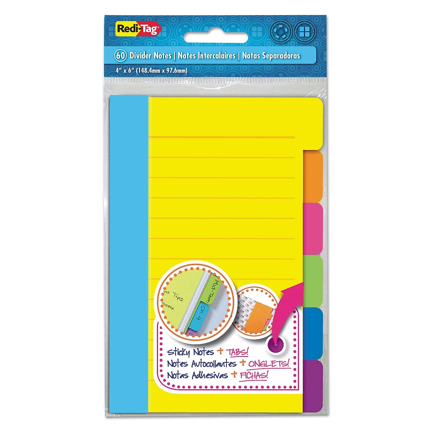 Redi-Tag Divider Sticky Notes With Tabs, Assorted Colors, 60 Sheets/set, 3 Sets/box