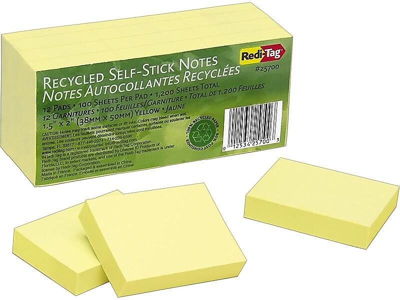 Redi-Tag Recycled Notes, 1 1/2" x 2", Yellow, 100 Sheet/Pad, 12 Pads/Pack