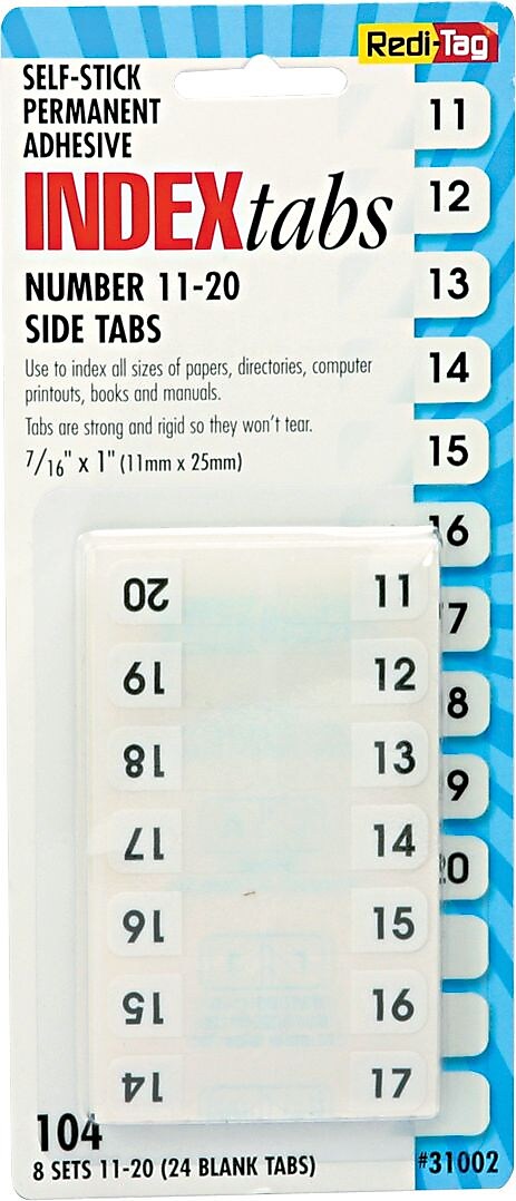 Redi-Tag® Self-Stick Index Tabs, 11-20, White, 7/16