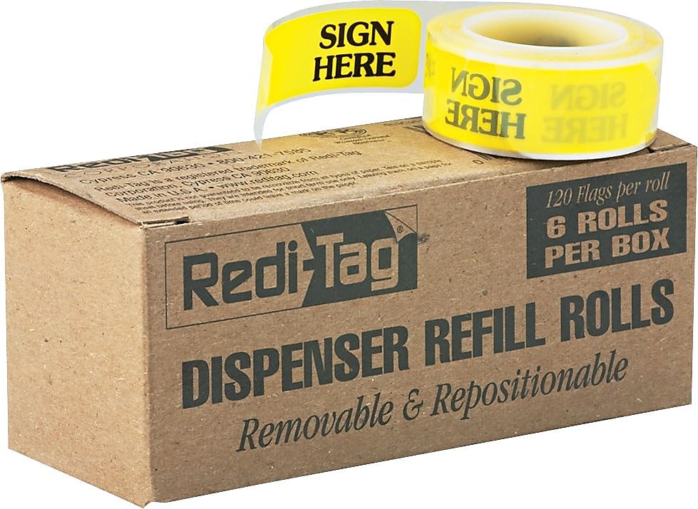 Redi-Tag 'Sign Here' Flag Refill Rolls, Yellow 120/Roll, 6 Rolls/Pack