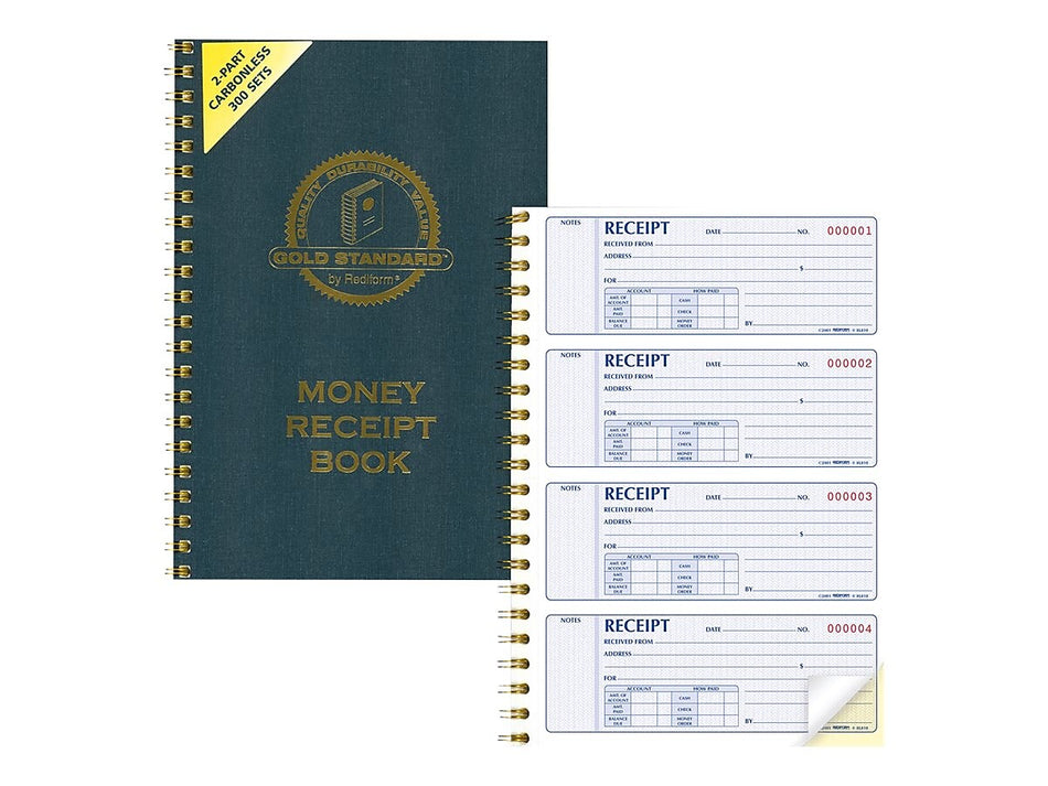 Rediform Gold Standard 2-Part Carbonless Receipts Book, 7"L x 2.75"W, 300 Forms/Book