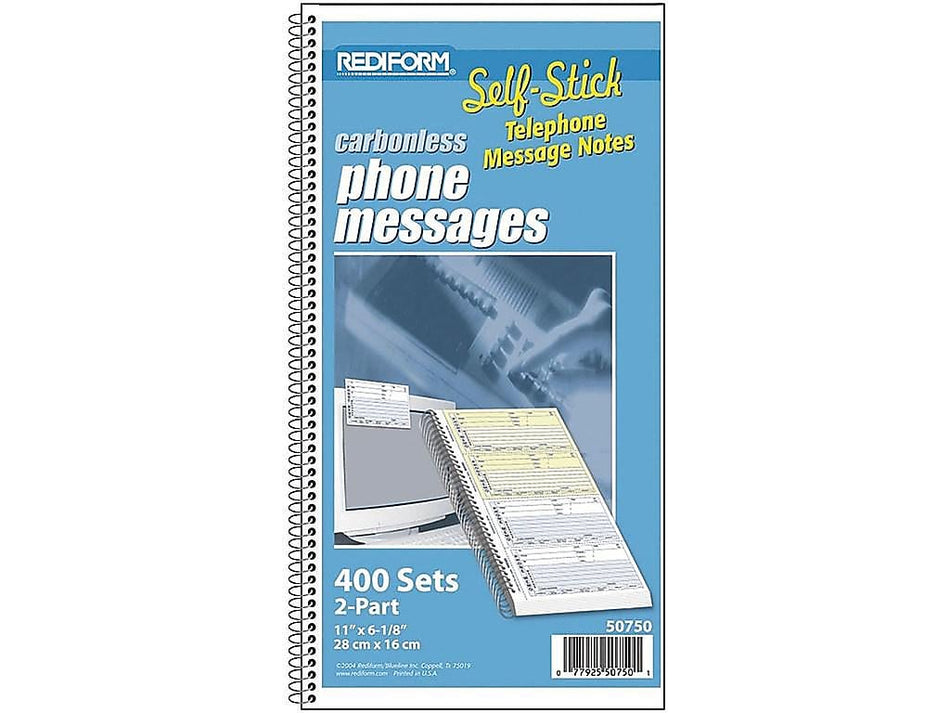 Rediform Phone Message Pad, 3" x 6", Unruled, White/Blue, 100 Sheets/Pad